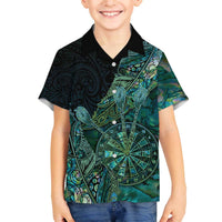 Personalised New Zealand Dart Family Matching Off The Shoulder Long Sleeve Dress and Hawaiian Shirt Maori Fern With Paua Shell DT05 Son's Shirt Green - Polynesian Pride