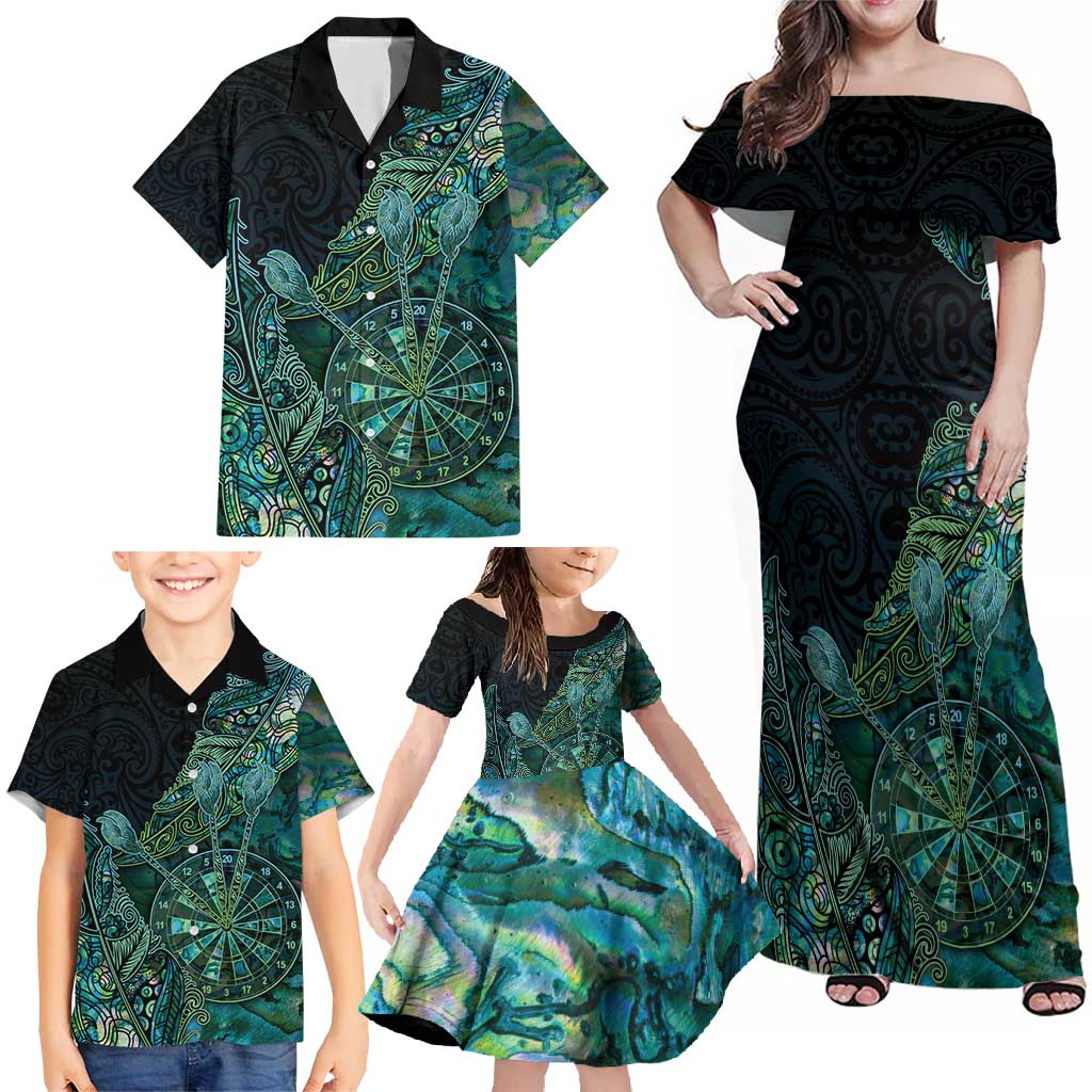 Personalised New Zealand Dart Family Matching Off Shoulder Maxi Dress and Hawaiian Shirt Maori Fern With Paua Shell DT05 - Polynesian Pride