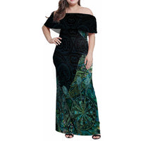 Personalised New Zealand Dart Family Matching Off Shoulder Maxi Dress and Hawaiian Shirt Maori Fern With Paua Shell DT05 Mom's Dress Green - Polynesian Pride