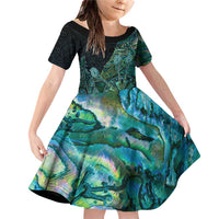 Personalised New Zealand Dart Family Matching Off Shoulder Short Dress and Hawaiian Shirt Maori Fern With Paua Shell DT05 Daughter's Dress Green - Polynesian Pride