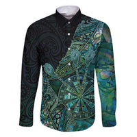 Personalised New Zealand Dart Family Matching Off Shoulder Short Dress and Hawaiian Shirt Maori Fern With Paua Shell DT05 Dad's Shirt - Long Sleeve Green - Polynesian Pride