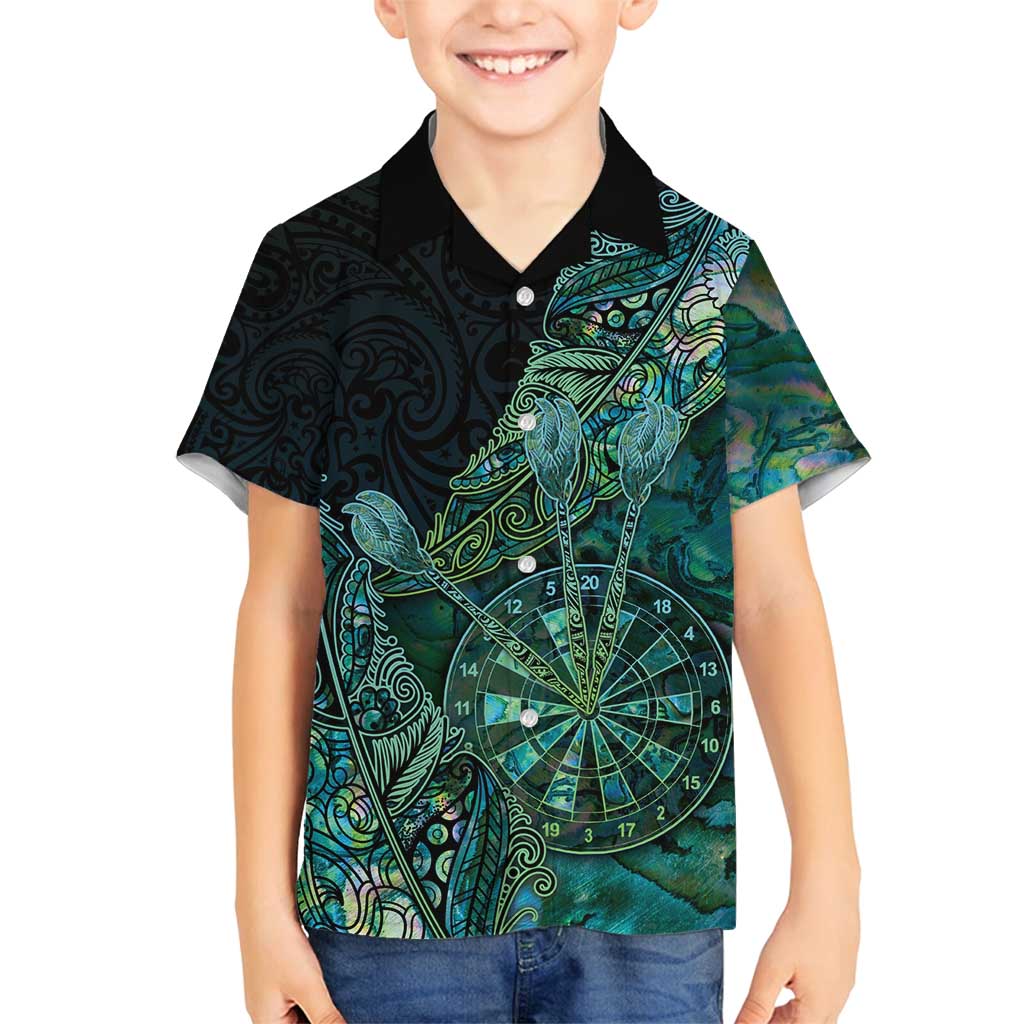 Personalised New Zealand Dart Family Matching Off Shoulder Short Dress and Hawaiian Shirt Maori Fern With Paua Shell DT05 Son's Shirt Green - Polynesian Pride