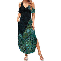 Personalised New Zealand Dart Family Matching Summer Maxi Dress and Hawaiian Shirt Maori Fern With Paua Shell DT05 Mom's Dress Green - Polynesian Pride