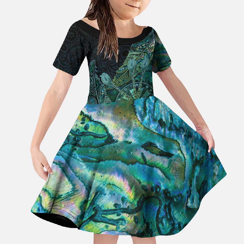 Personalised New Zealand Dart Family Matching Tank Maxi Dress and Hawaiian Shirt Maori Fern With Paua Shell DT05 Daughter's Dress Green - Polynesian Pride