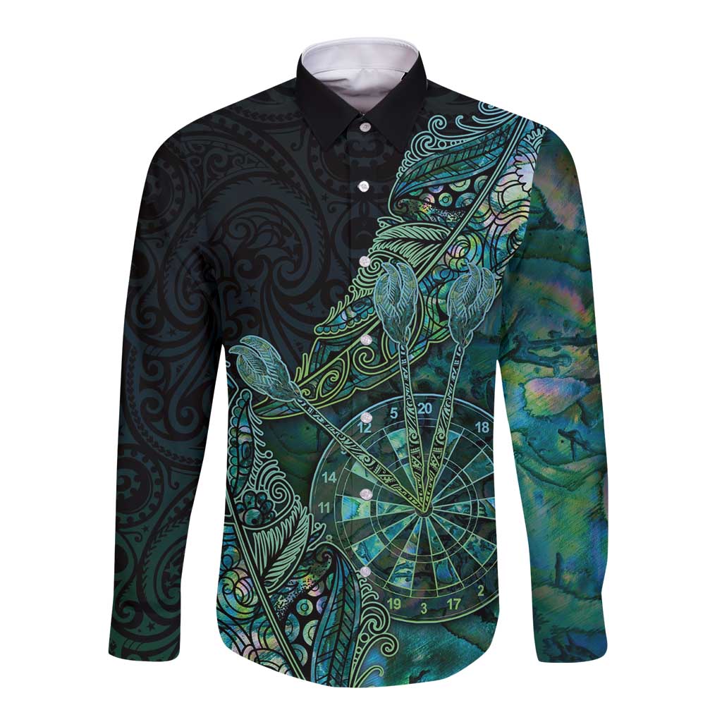 Personalised New Zealand Dart Long Sleeve Button Shirt Maori Fern With Paua Shell - Polynesian Pride