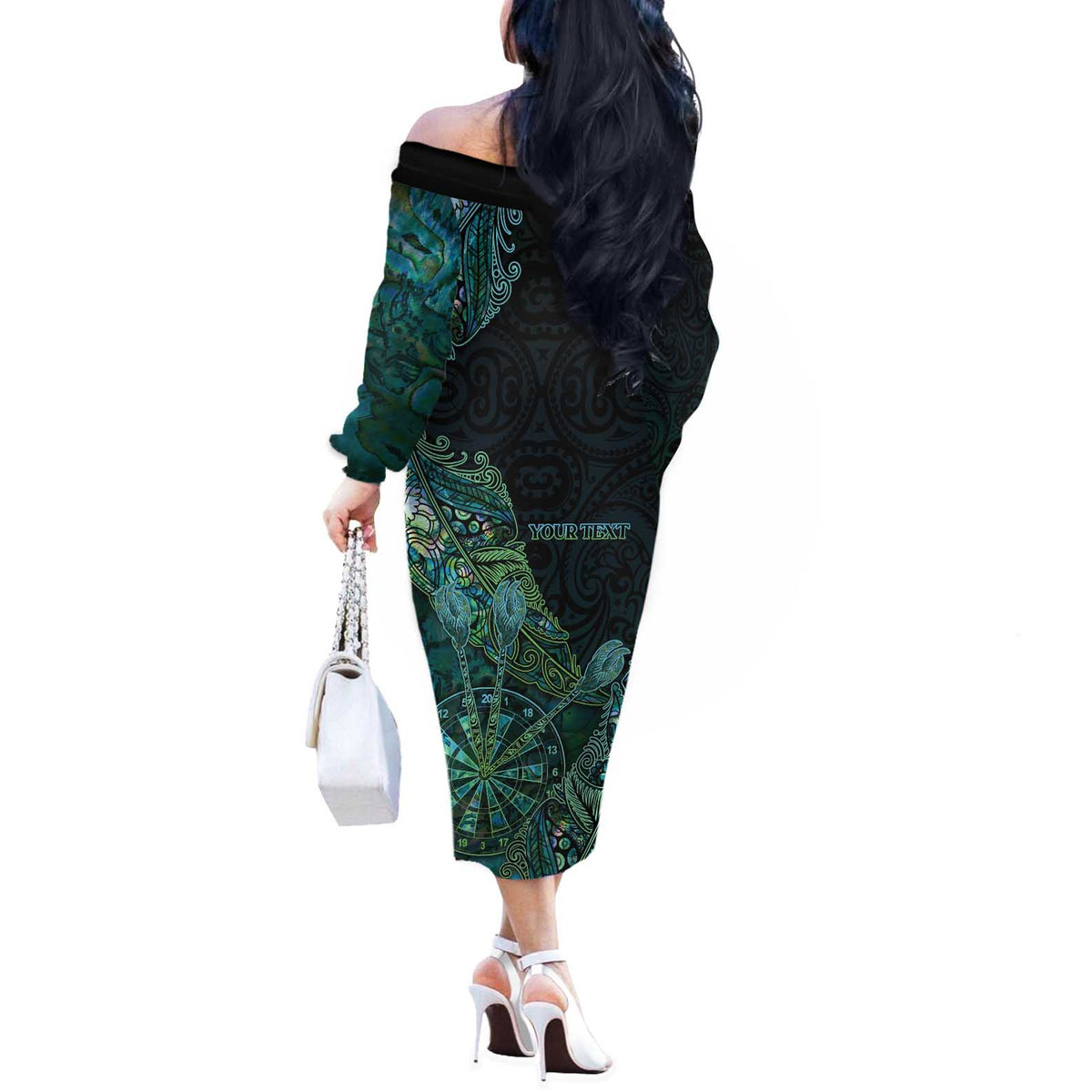 Personalised New Zealand Dart Off The Shoulder Long Sleeve Dress Maori Fern With Paua Shell - Polynesian Pride