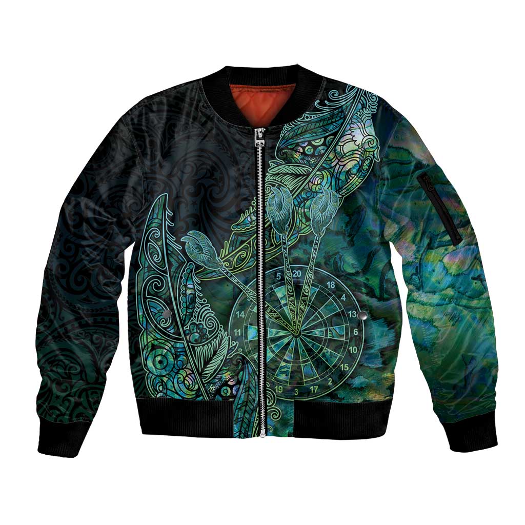 Personalised New Zealand Dart Sleeve Zip Bomber Jacket Maori Fern With Paua Shell - Polynesian Pride