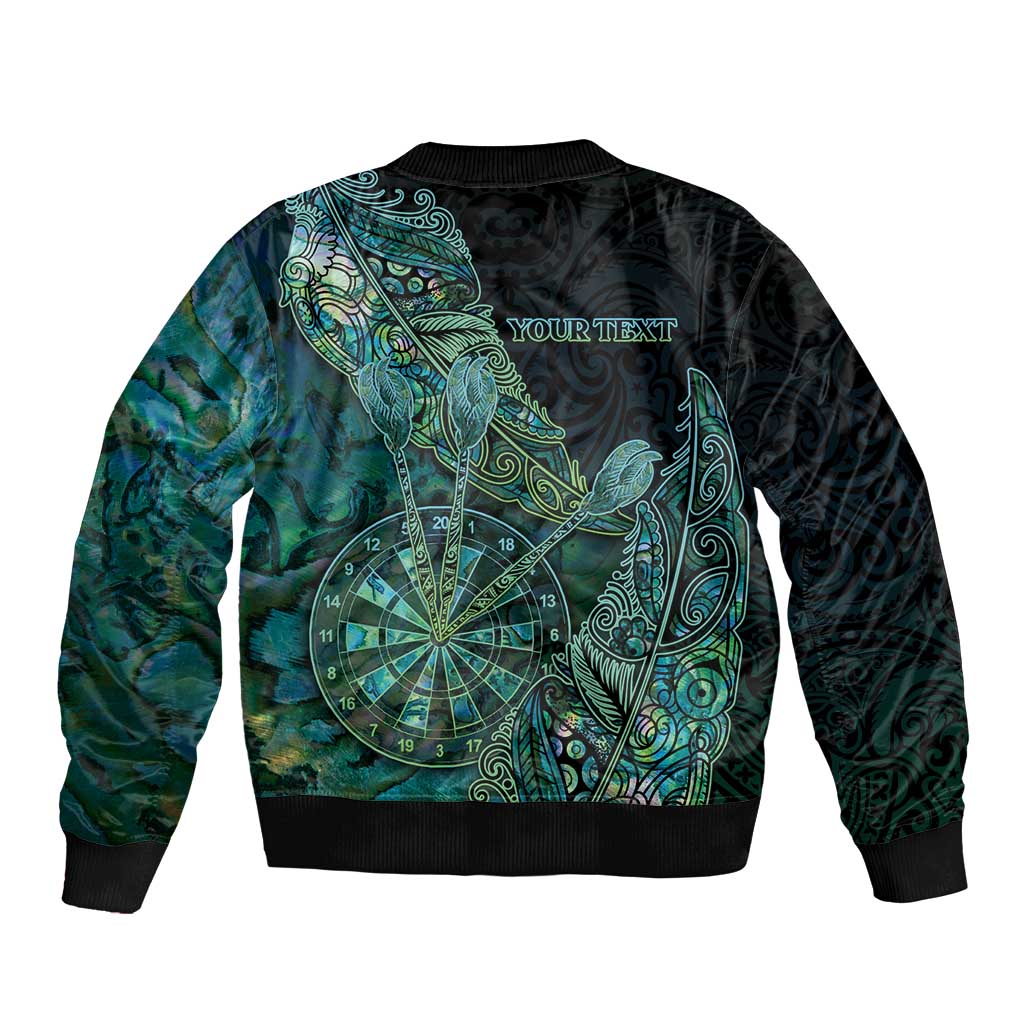 Personalised New Zealand Dart Sleeve Zip Bomber Jacket Maori Fern With Paua Shell - Polynesian Pride