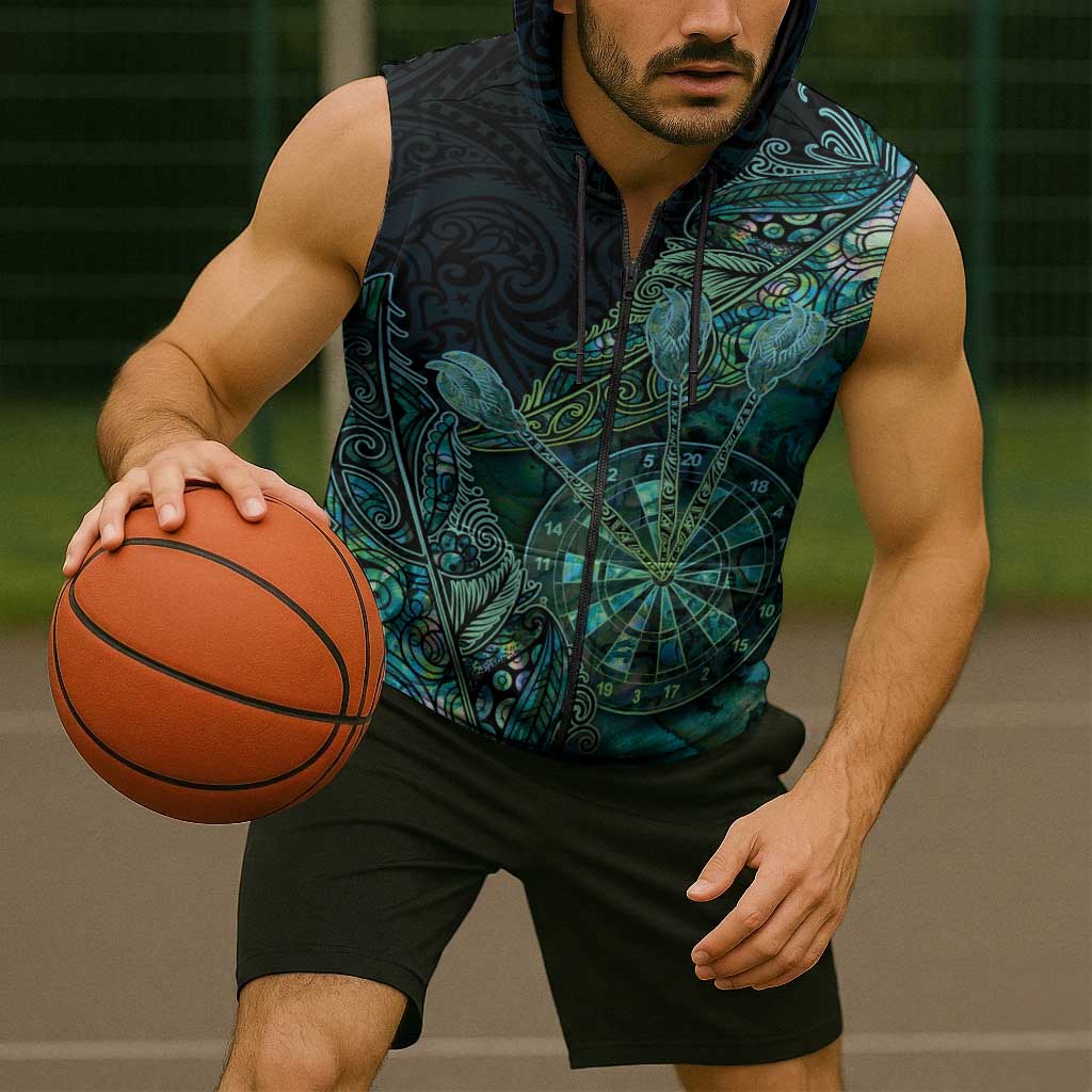 Personalised New Zealand Dart Sleeveless Zip Hoodie Maori Fern With Paua Shell - Polynesian Pride