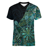 Personalised New Zealand Dart Women V-Neck T-Shirt Maori Fern With Paua Shell DT05 Female Green - Polynesian Pride