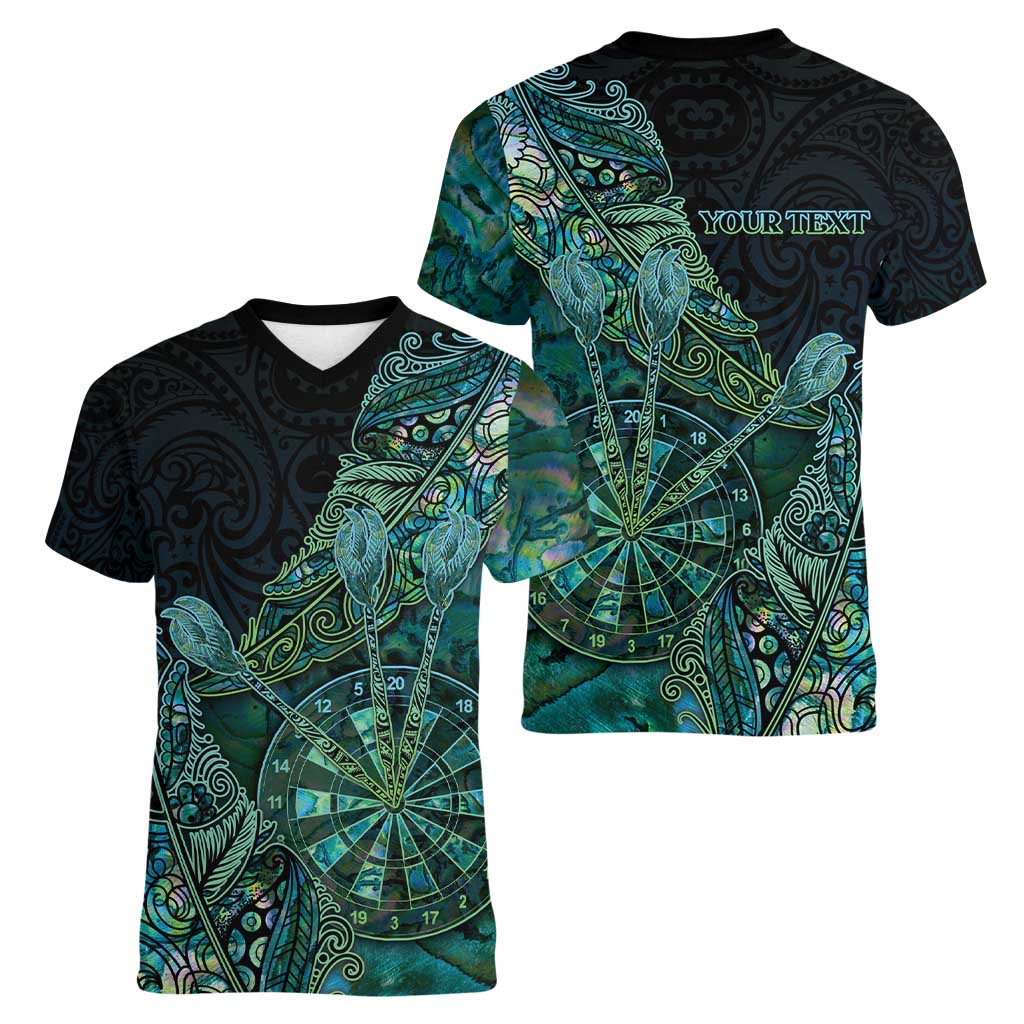Personalised New Zealand Dart Women V-Neck T-Shirt Maori Fern With Paua Shell DT05 - Polynesian Pride