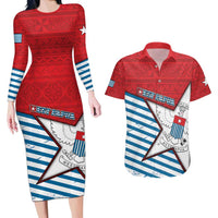 West Papua Morning Star Couples Matching Long Sleeve Bodycon Dress and Hawaiian Shirt One People One Soul DT05 Red - Polynesian Pride