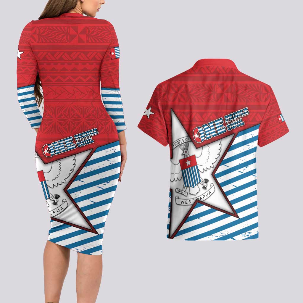 West Papua Morning Star Couples Matching Long Sleeve Bodycon Dress and Hawaiian Shirt One People One Soul DT05 - Polynesian Pride