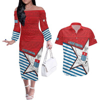 West Papua Morning Star Couples Matching Off The Shoulder Long Sleeve Dress and Hawaiian Shirt One People One Soul DT05 Red - Polynesian Pride