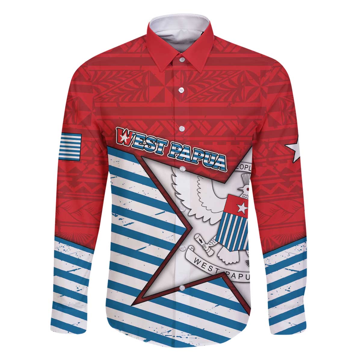 West Papua Morning Star Family Matching Off The Shoulder Long Sleeve Dress and Hawaiian Shirt One People One Soul DT05 Dad's Shirt - Long Sleeve Red - Polynesian Pride