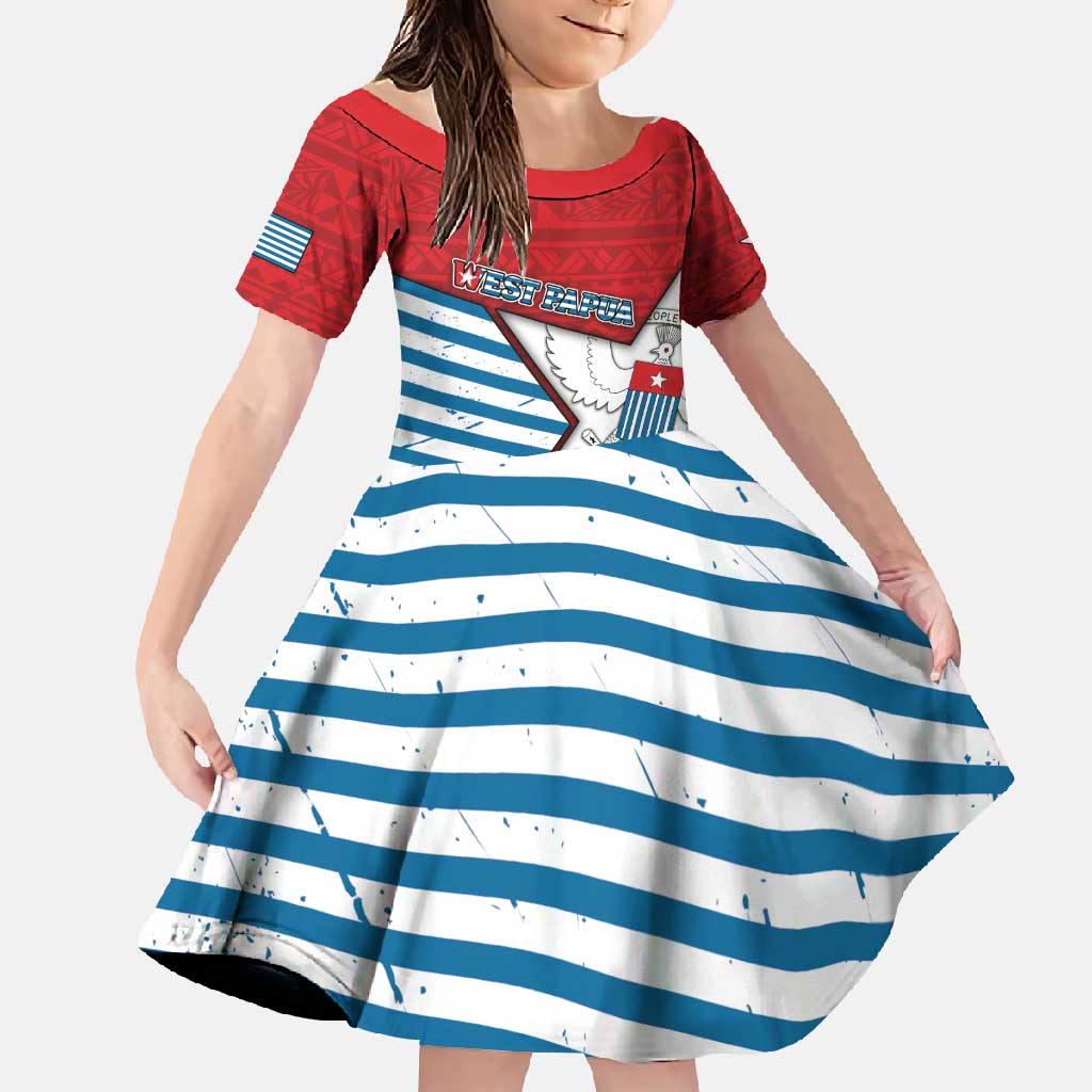 West Papua Morning Star Family Matching Short Sleeve Bodycon Dress and Hawaiian Shirt One People One Soul DT05 Daughter's Dress Red - Polynesian Pride