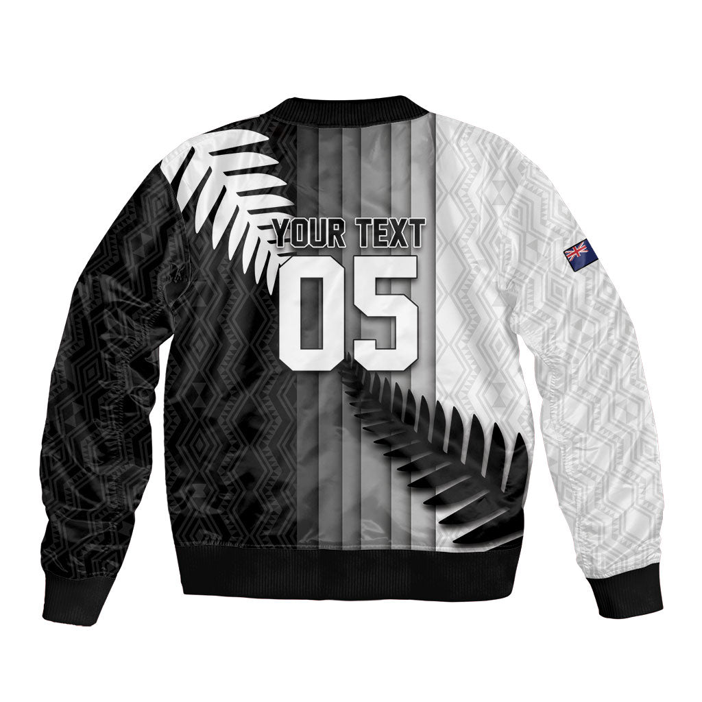 Custom New Zealand Football Bomber Jacket Silver Fern Maori Pattern Monochrome