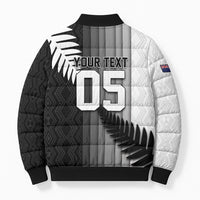 Custom New Zealand Football Bomber Puffer Jacket Silver Fern Maori Pattern Monochrome