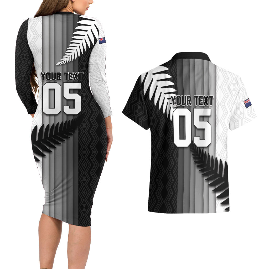 Custom New Zealand Football Couples Matching Long Sleeve Bodycon Dress and Hawaiian Shirt Silver Fern Maori Pattern Monochrome DT05 - Polynesian Pride
