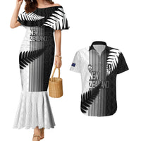 Custom New Zealand Football Couples Matching Mermaid Dress and Hawaiian Shirt Silver Fern Maori Pattern Monochrome DT05 White - Polynesian Pride