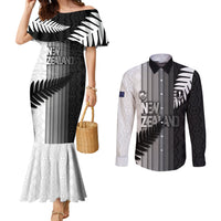 Custom New Zealand Football Couples Matching Mermaid Dress and Long Sleeve Button Shirt Silver Fern Maori Pattern Monochrome DT05 White - Polynesian Pride