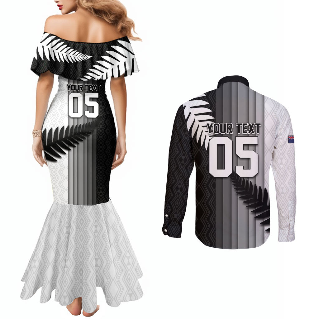 Custom New Zealand Football Couples Matching Mermaid Dress and Long Sleeve Button Shirt Silver Fern Maori Pattern Monochrome DT05 - Polynesian Pride