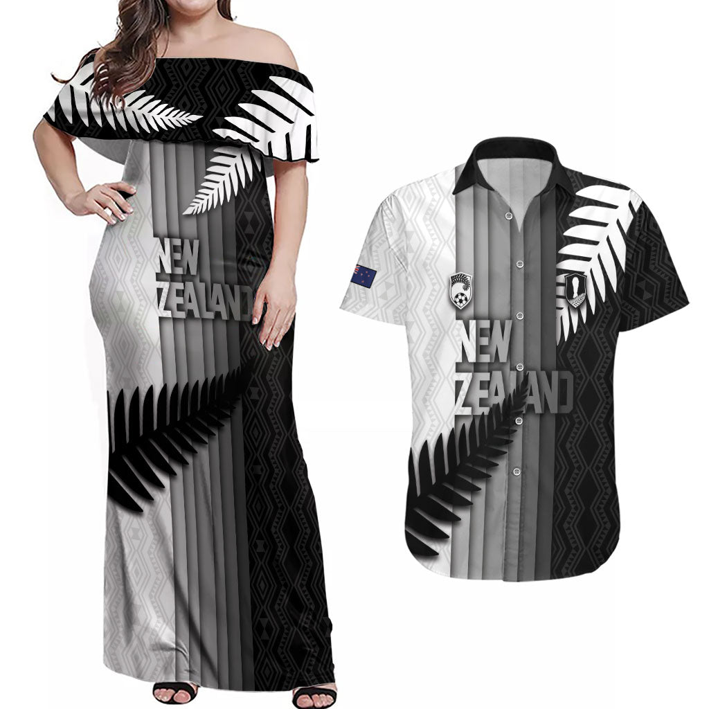 Custom New Zealand Football Couples Matching Off Shoulder Maxi Dress and Hawaiian Shirt Silver Fern Maori Pattern Monochrome DT05 White - Polynesian Pride