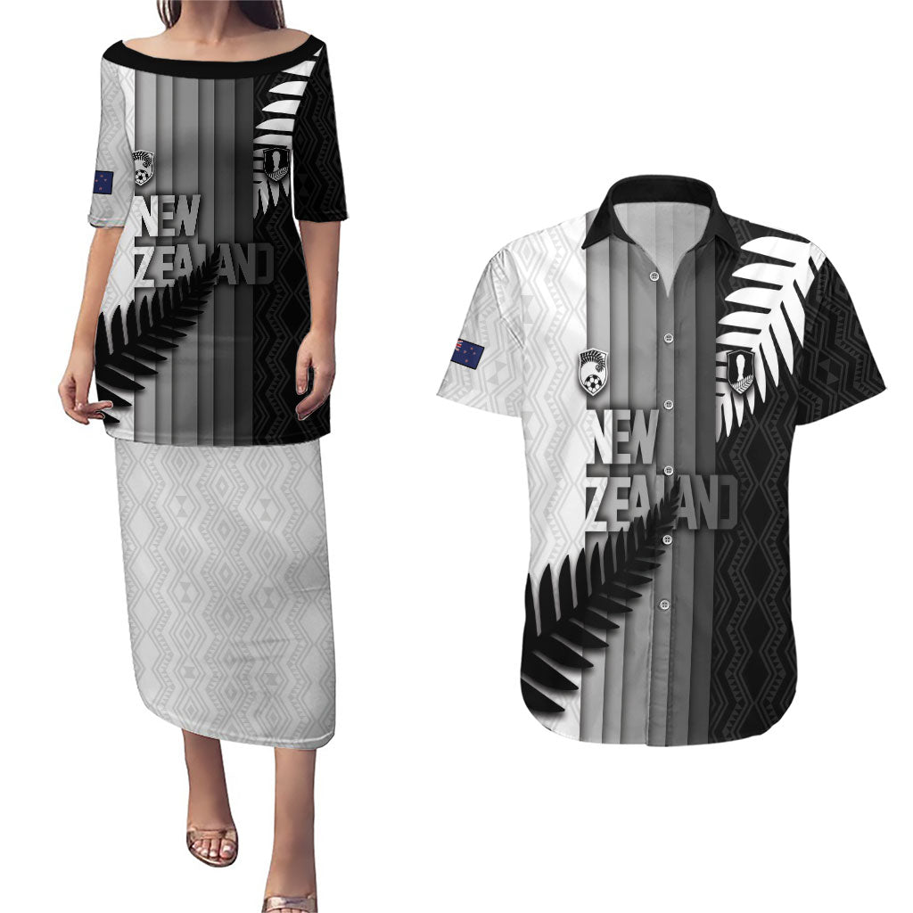 Custom New Zealand Football Couples Matching Puletasi and Hawaiian Shirt Silver Fern Maori Pattern Monochrome DT05 White - Polynesian Pride