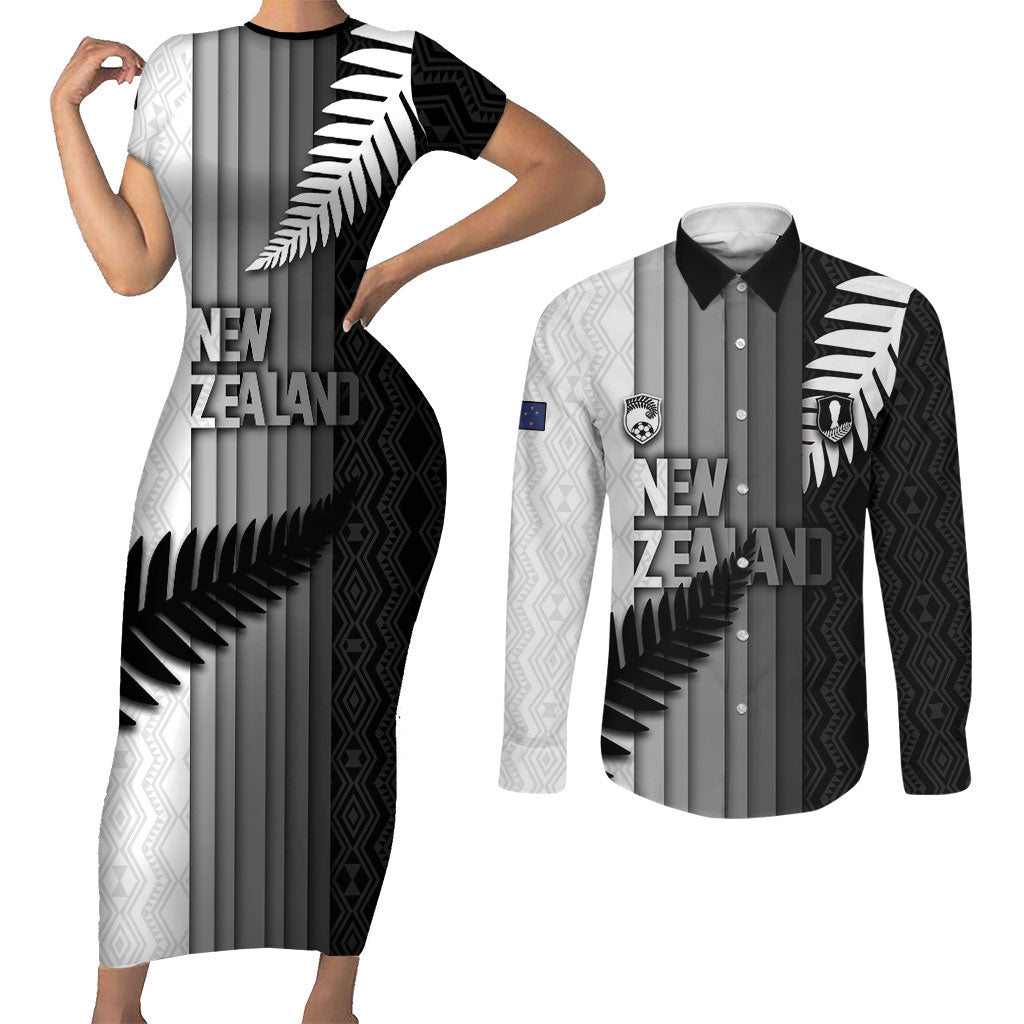 Custom New Zealand Football Couples Matching Short Sleeve Bodycon Dress and Long Sleeve Button Shirt Silver Fern Maori Pattern Monochrome DT05 White - Polynesian Pride