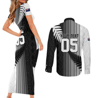 Custom New Zealand Football Couples Matching Short Sleeve Bodycon Dress and Long Sleeve Button Shirt Silver Fern Maori Pattern Monochrome DT05 - Polynesian Pride