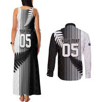 Custom New Zealand Football Couples Matching Tank Maxi Dress and Long Sleeve Button Shirt Silver Fern Maori Pattern Monochrome DT05 - Polynesian Pride