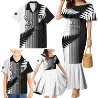 Custom New Zealand Football Family Matching Mermaid Dress and Hawaiian Shirt Silver Fern Maori Pattern Monochrome DT05 - Polynesian Pride