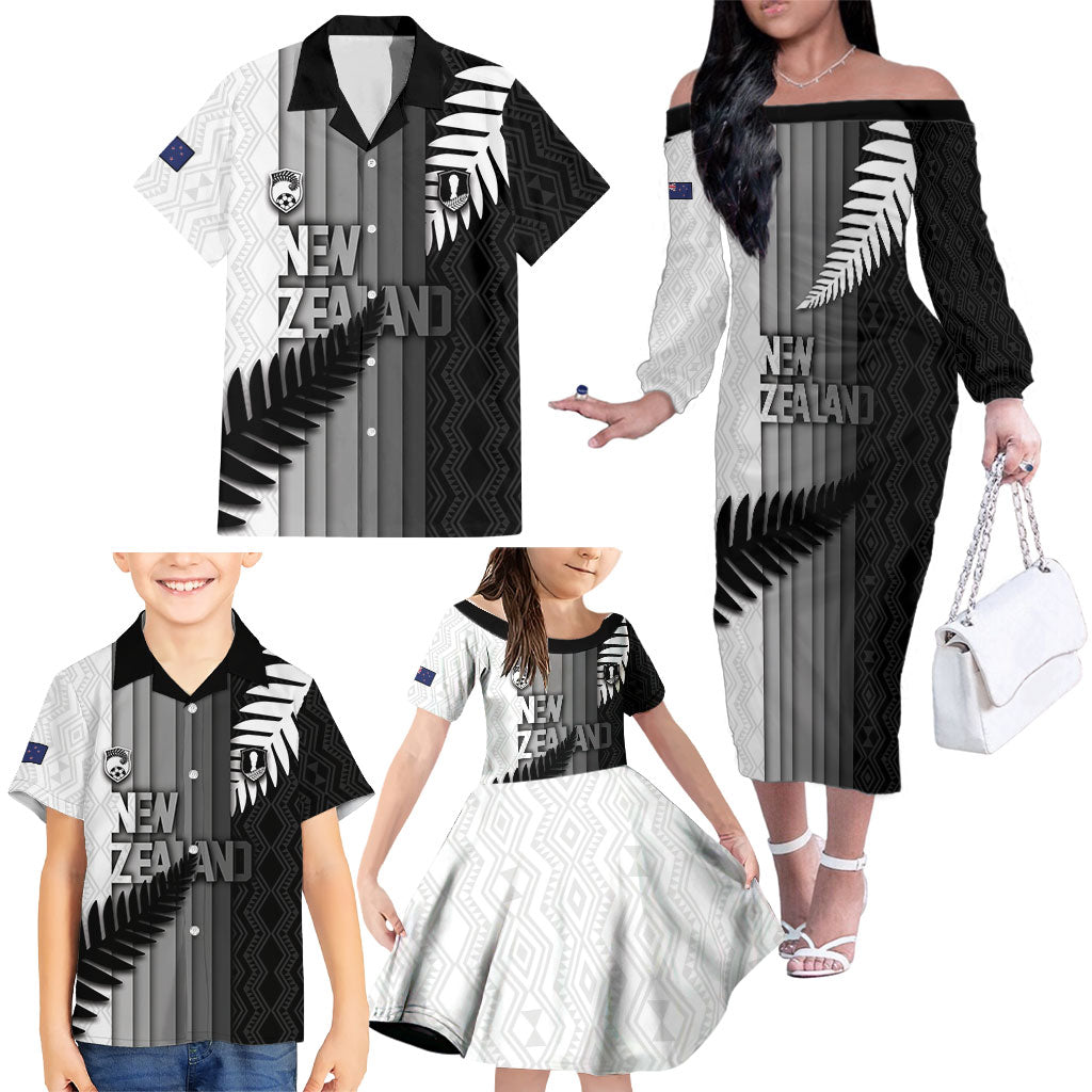 Custom New Zealand Football Family Matching Off The Shoulder Long Sleeve Dress and Hawaiian Shirt Silver Fern Maori Pattern Monochrome DT05 - Polynesian Pride