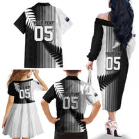 Custom New Zealand Football Family Matching Off The Shoulder Long Sleeve Dress and Hawaiian Shirt Silver Fern Maori Pattern Monochrome DT05 - Polynesian Pride