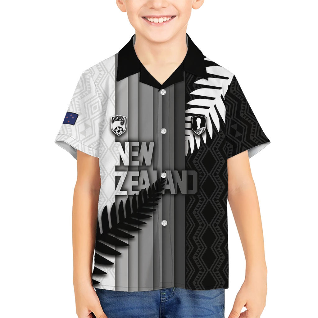 Custom New Zealand Football Family Matching Off The Shoulder Long Sleeve Dress and Hawaiian Shirt Silver Fern Maori Pattern Monochrome DT05 Son's Shirt White - Polynesian Pride