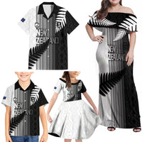 Custom New Zealand Football Family Matching Off Shoulder Maxi Dress and Hawaiian Shirt Silver Fern Maori Pattern Monochrome DT05 - Polynesian Pride