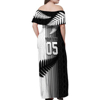 Custom New Zealand Football Family Matching Off Shoulder Maxi Dress and Hawaiian Shirt Silver Fern Maori Pattern Monochrome DT05 - Polynesian Pride