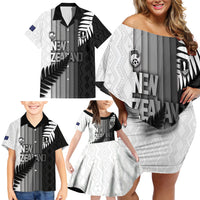 Custom New Zealand Football Family Matching Off Shoulder Short Dress and Hawaiian Shirt Silver Fern Maori Pattern Monochrome DT05 - Polynesian Pride