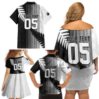 Custom New Zealand Football Family Matching Off Shoulder Short Dress and Hawaiian Shirt Silver Fern Maori Pattern Monochrome DT05 - Polynesian Pride