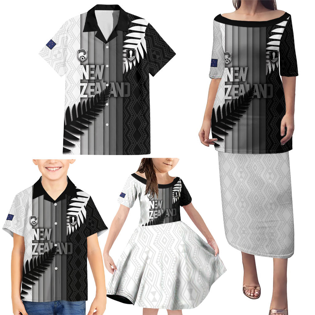 Custom New Zealand Football Family Matching Puletasi and Hawaiian Shirt Silver Fern Maori Pattern Monochrome DT05 - Polynesian Pride