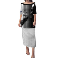 Custom New Zealand Football Family Matching Puletasi and Hawaiian Shirt Silver Fern Maori Pattern Monochrome DT05 Mom's Dress White - Polynesian Pride