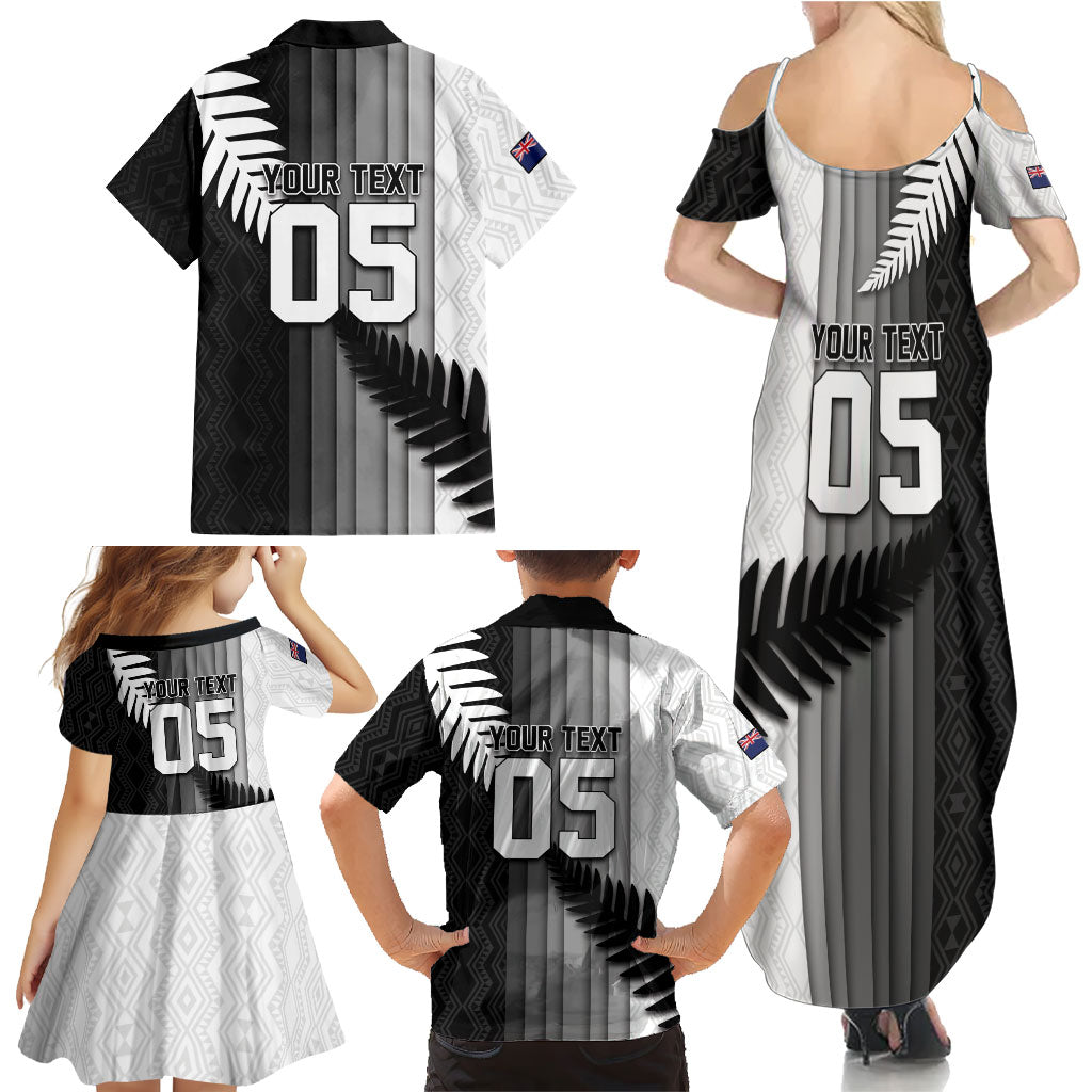 Custom New Zealand Football Family Matching Summer Maxi Dress and Hawaiian Shirt Silver Fern Maori Pattern Monochrome DT05 - Polynesian Pride