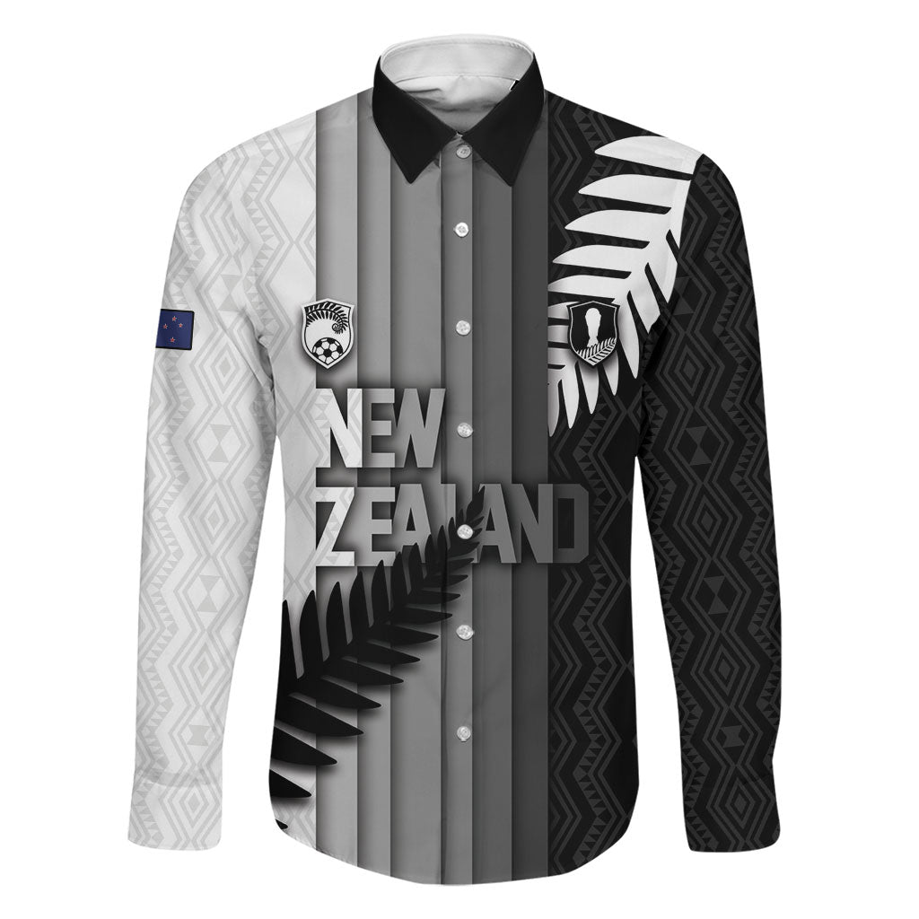 Custom New Zealand Football Family Matching Summer Maxi Dress and Hawaiian Shirt Silver Fern Maori Pattern Monochrome DT05 Dad's Shirt - Long Sleeve White - Polynesian Pride