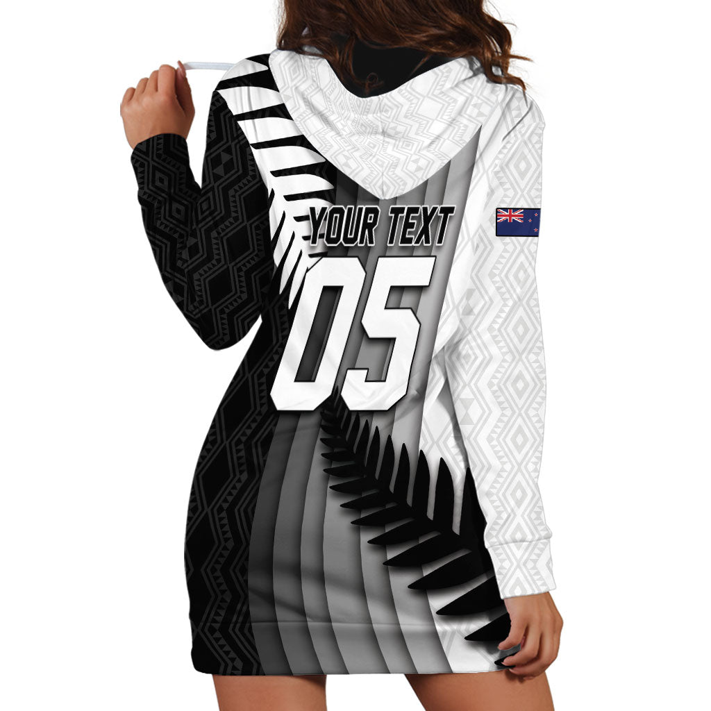 Custom New Zealand Football Hoodie Dress Silver Fern Maori Pattern Monochrome DT05 - Polynesian Pride