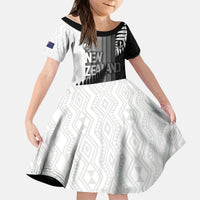 Custom New Zealand Football Kid Short Sleeve Dress Silver Fern Maori Pattern Monochrome