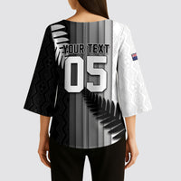 Custom New Zealand Football Kimono Sleeve Blouse Silver Fern Maori Pattern Monochrome