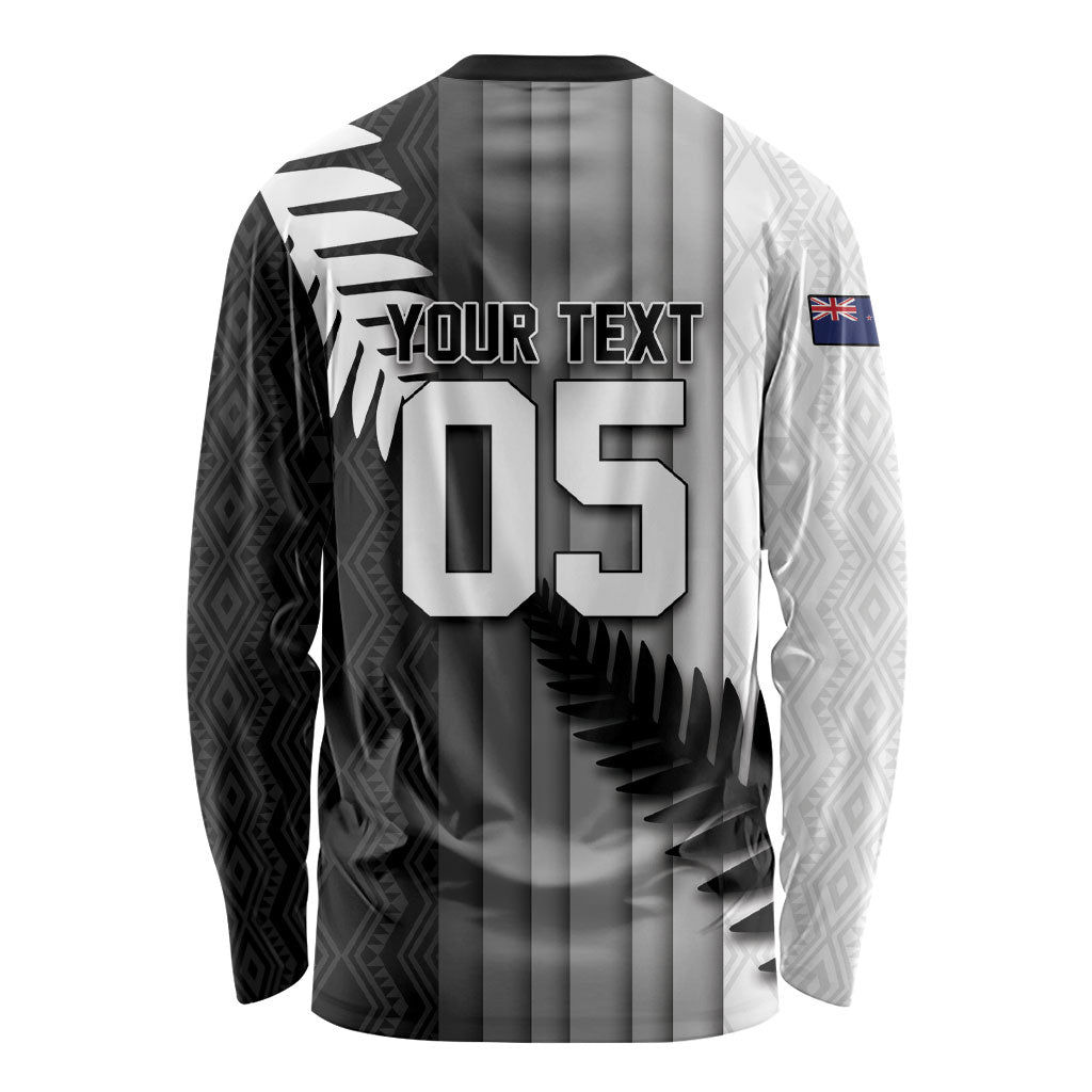 Custom New Zealand Football Long Sleeve Shirt Silver Fern Maori Pattern Monochrome