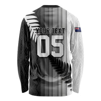Custom New Zealand Football Long Sleeve Shirt Silver Fern Maori Pattern Monochrome