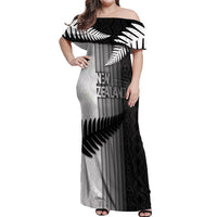 Custom New Zealand Football Off Shoulder Maxi Dress Silver Fern Maori Pattern Monochrome
