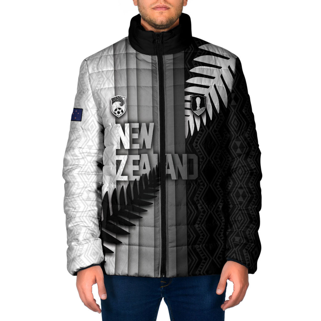 Custom New Zealand Football Padded Jacket Silver Fern Maori Pattern Monochrome